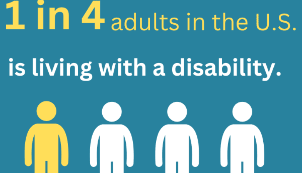 A teal colored square with the words: According to the CDC, 1 in 4 adults in the U.S. is living with a disability.
