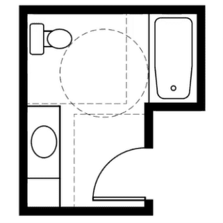 A black line diagram of an accessible bathroom that shows room for the door to open and a wheelchair to roll in, turn around space between the toilet and bathtub, and the toilet located in a corner with enough room next to it to transfer from a wheelchair.,