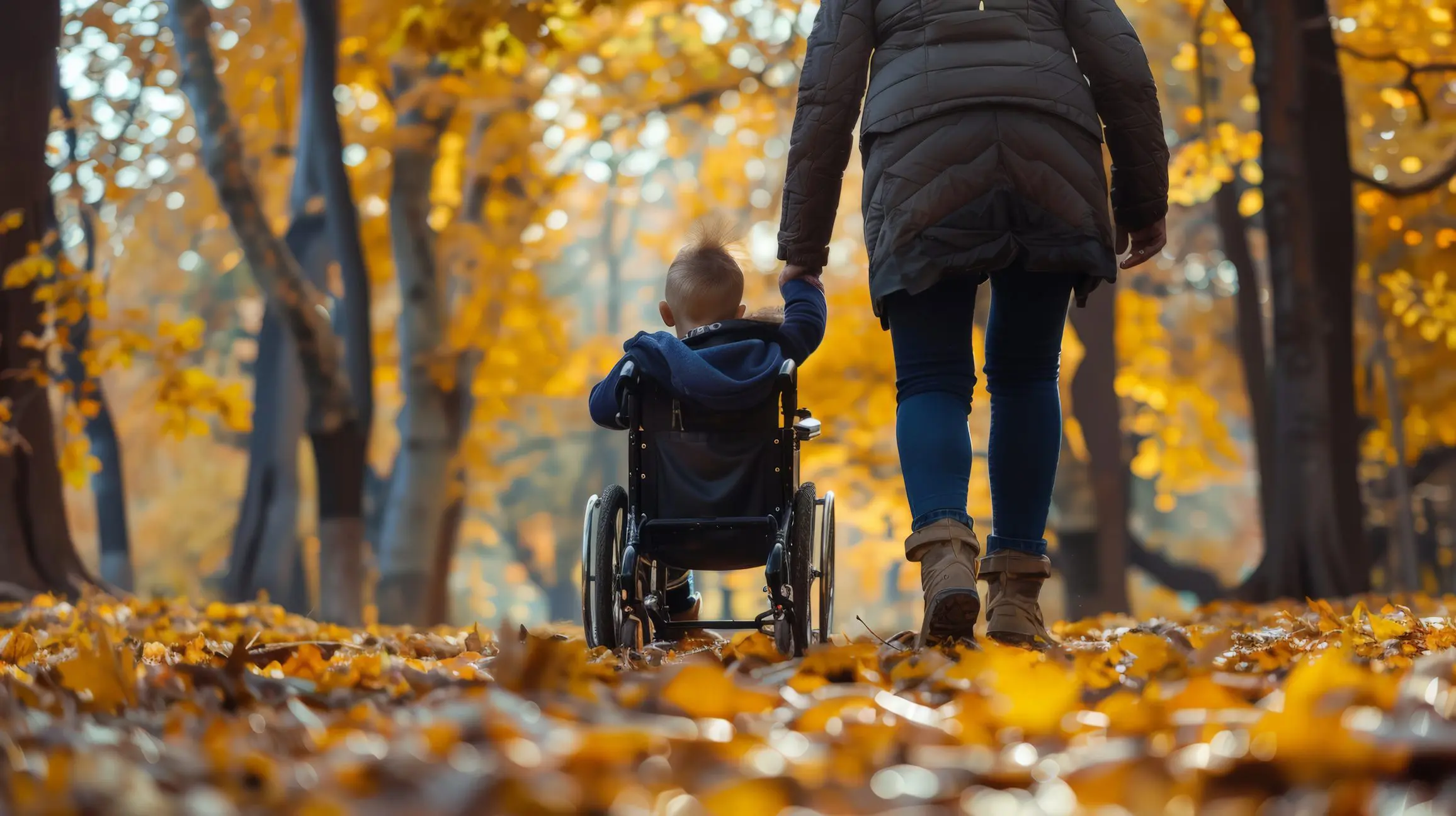 A small child in a manual wheelchair rolling hand-in-hand with an adult down a leafy path surrounded by trees with yellow leaves.