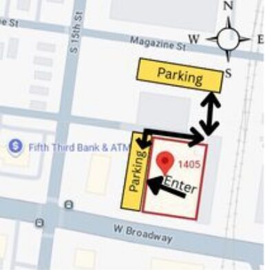 A map showing the event location and parking areas at 1405 West Broadway in Louisville, which include street parking and two parking lots.